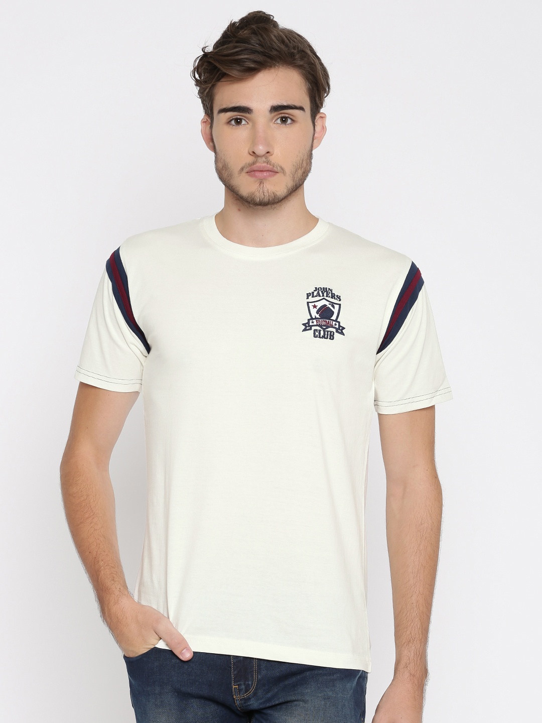 

John Players Men Off-White Solid Round Neck T-shirt