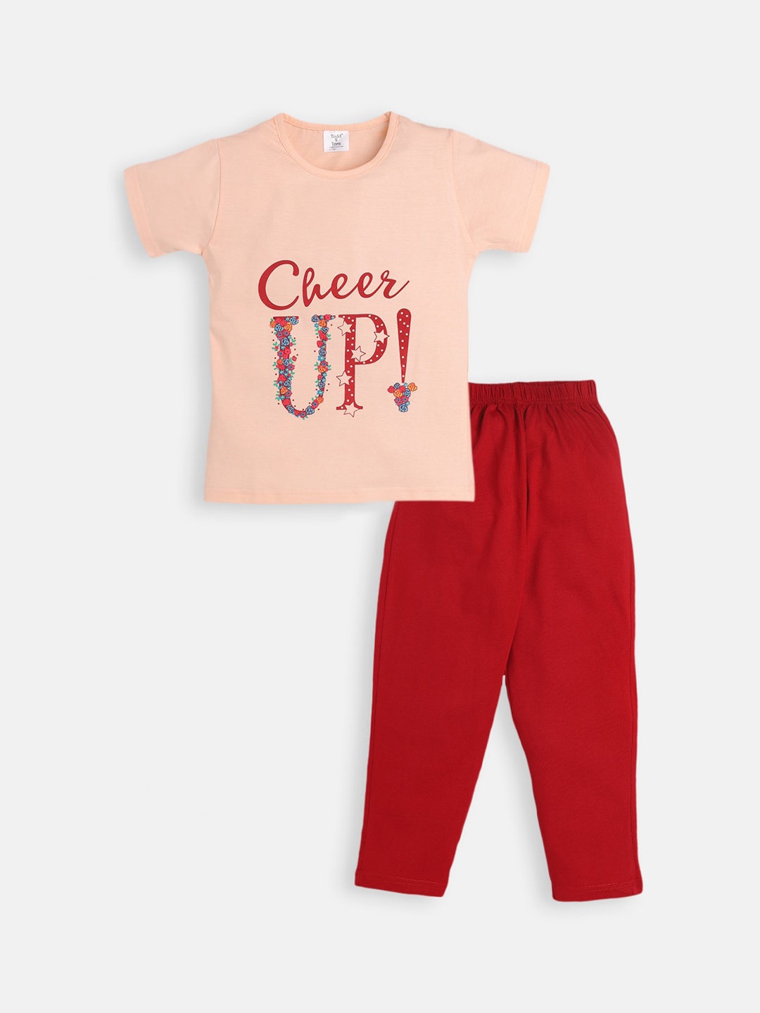

Todd N Teen Girls Peach-Coloured & Red Cotton Printed Night suit