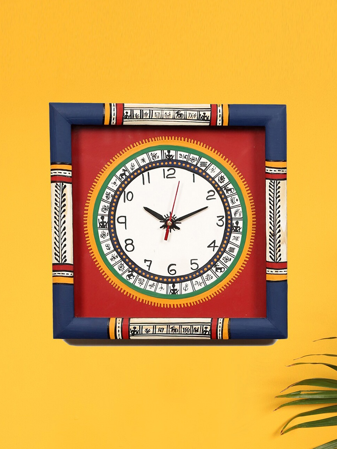 

AAKRITI ART CREATIONS Blue & Red Warli Art Printed Square Analogue Wall Clock