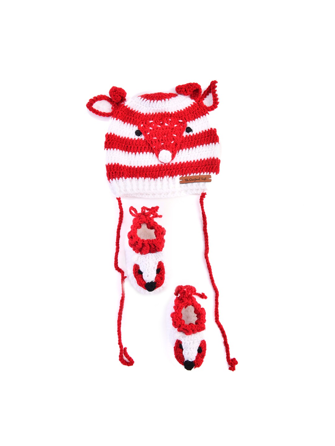 

The Original Knit Kids Red & White Beanie Handmade Striped Fox Cap and booties