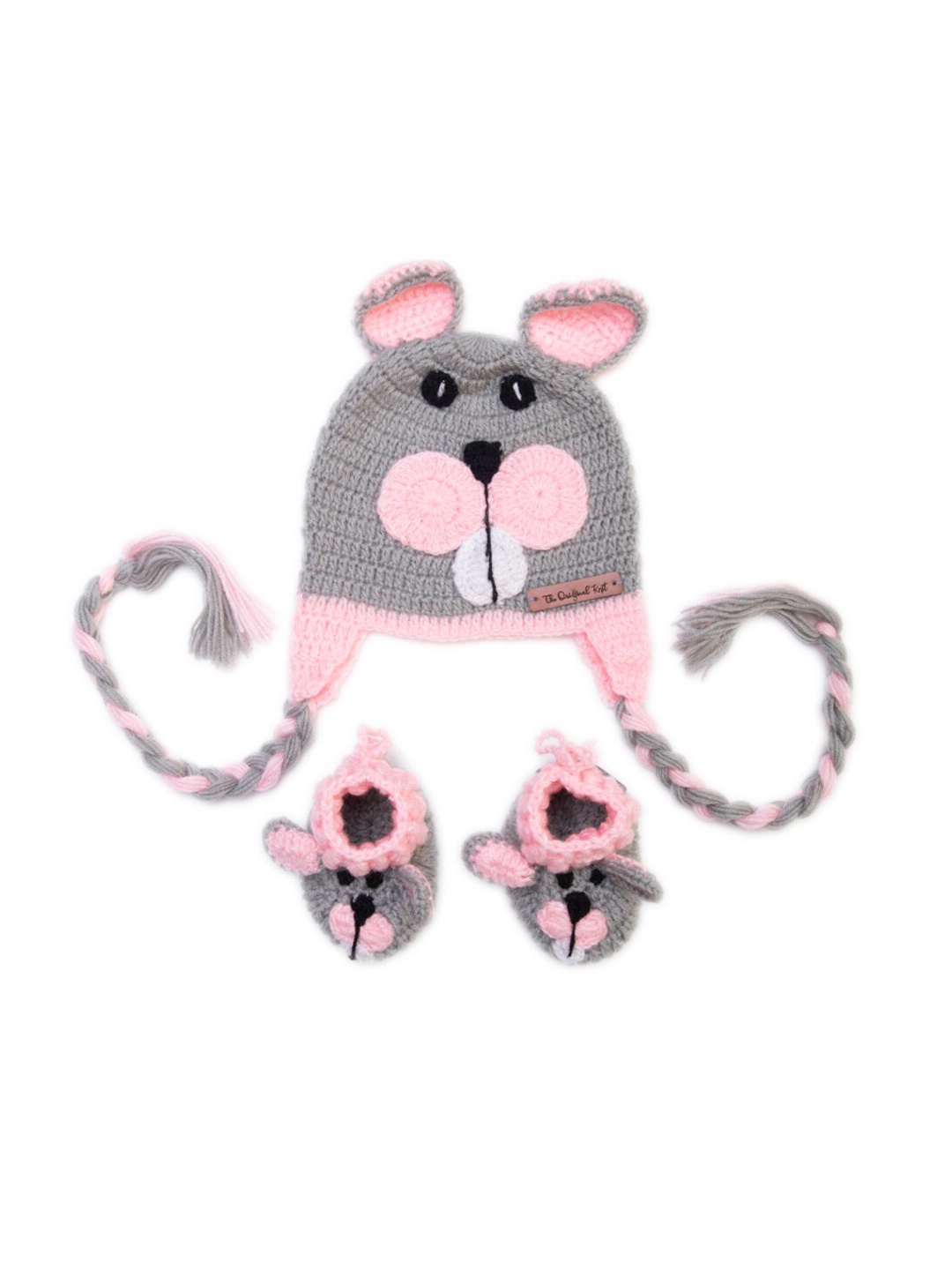 

The Original Knit Girls Handmade Grey & Pink Self Design Beanie & Booties Set