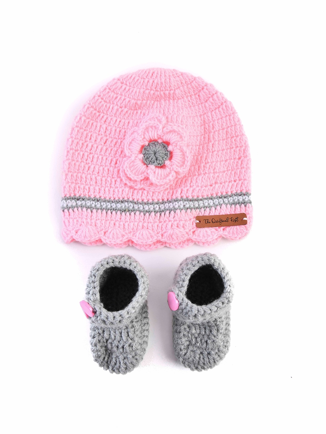 

The Original Knit Girls Grey & Pink Handmade Knitted Beanie cap & Booties