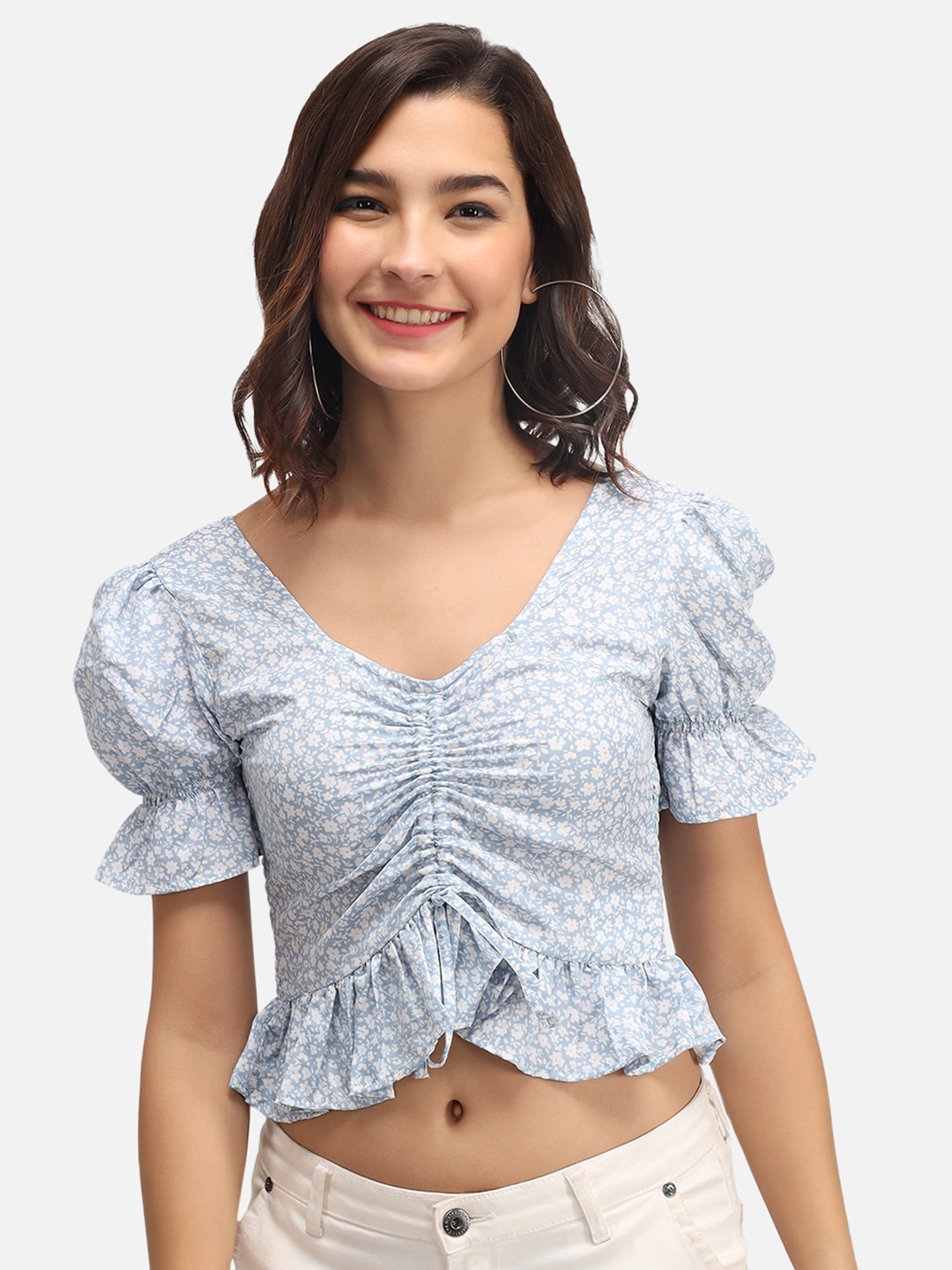 

Trend Arrest Blue Floral Ruching Crop