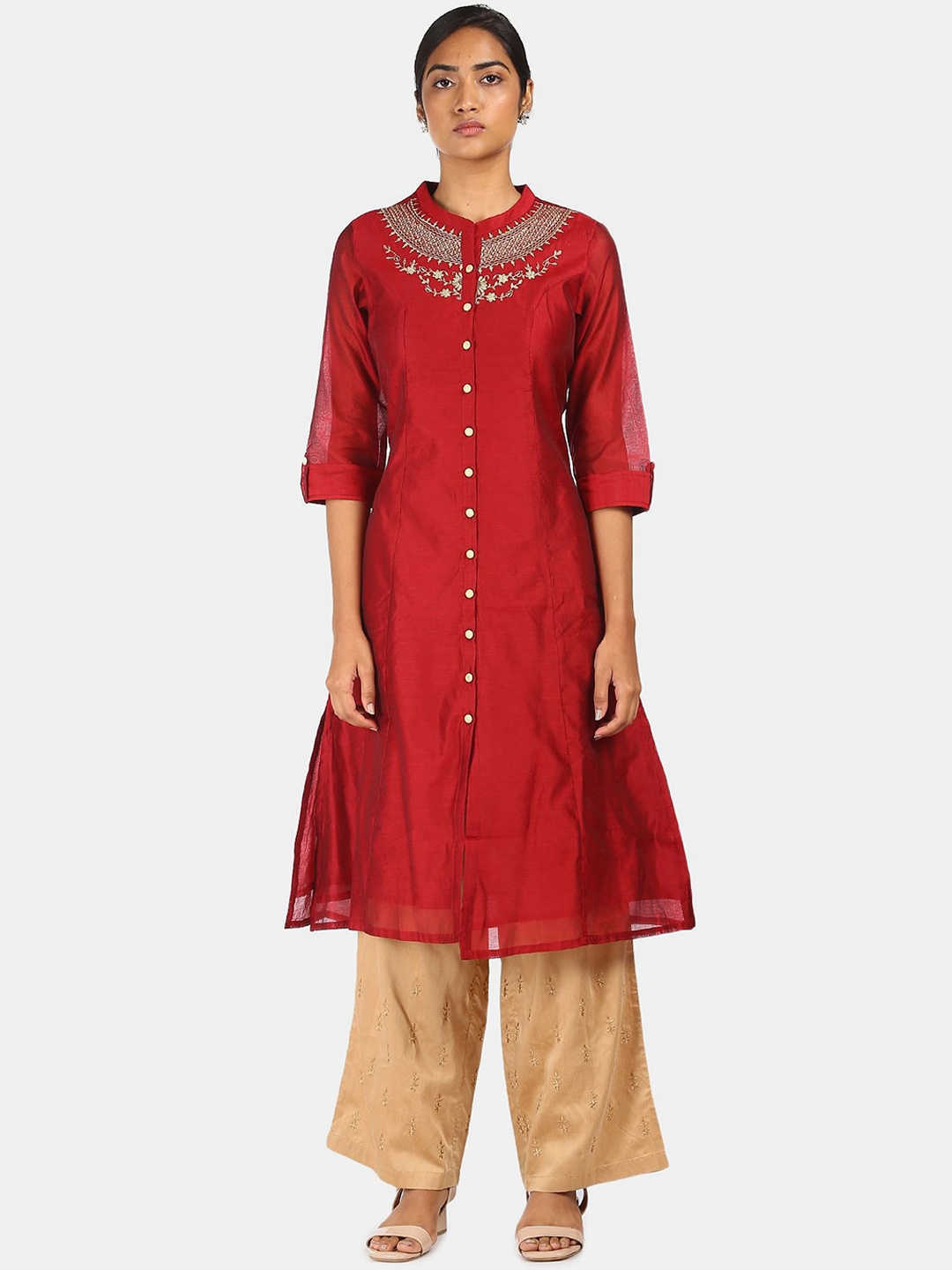 

Anahi Women Maroon & Gold Ethnic Motifs Embroidered Thread Work Kurta