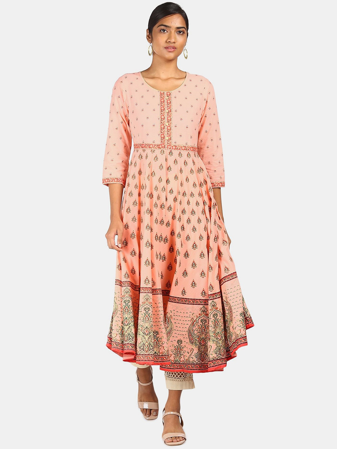 

Anahi Women Pink & Green Ethnic Motifs Printed Anarkali Cotton Kurta