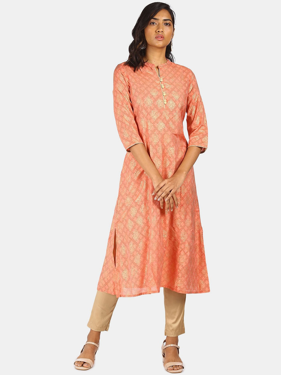 

Anahi Women Coral & Gold Ethnic Motifs Printed Kurta