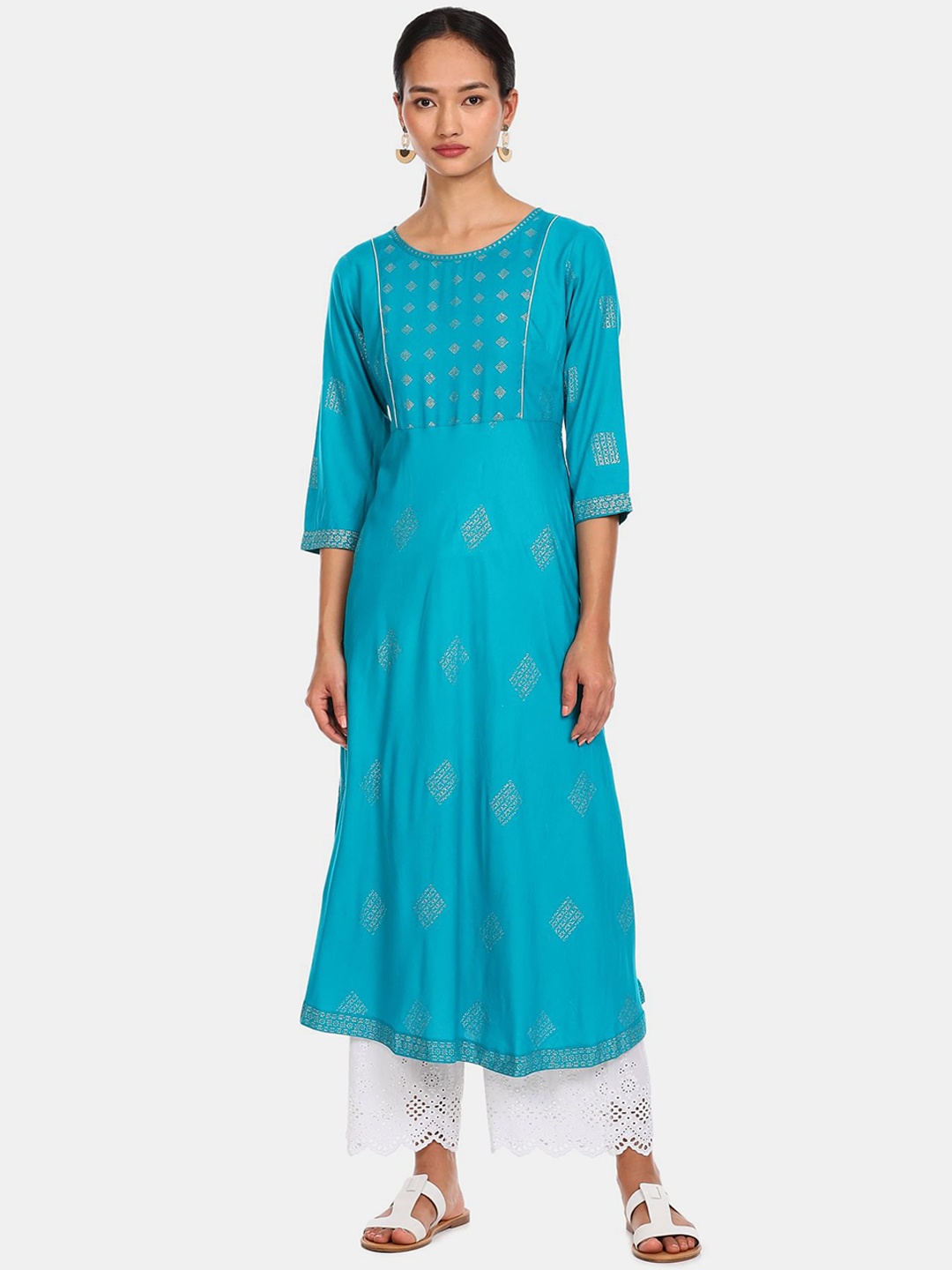 

Anahi Women Blue & Gold-Toned Ethnic Motifs Printed A-Line Kurta