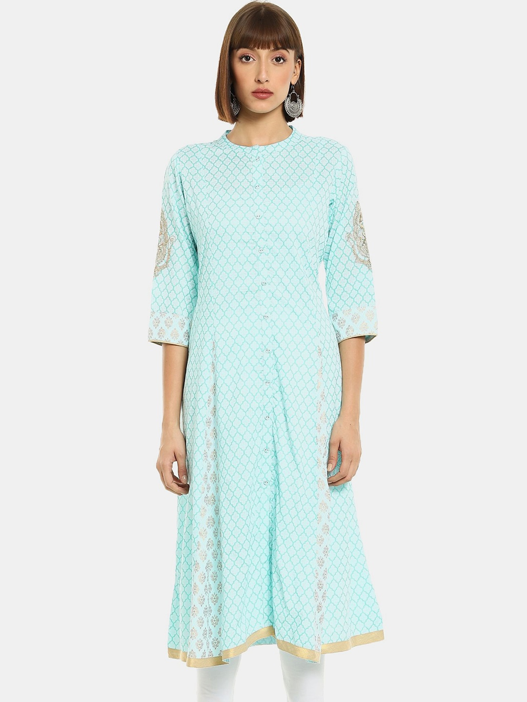 

Anahi Women Blue & White Ethnic Motifs Printed & Embroidered A-Line Kurta