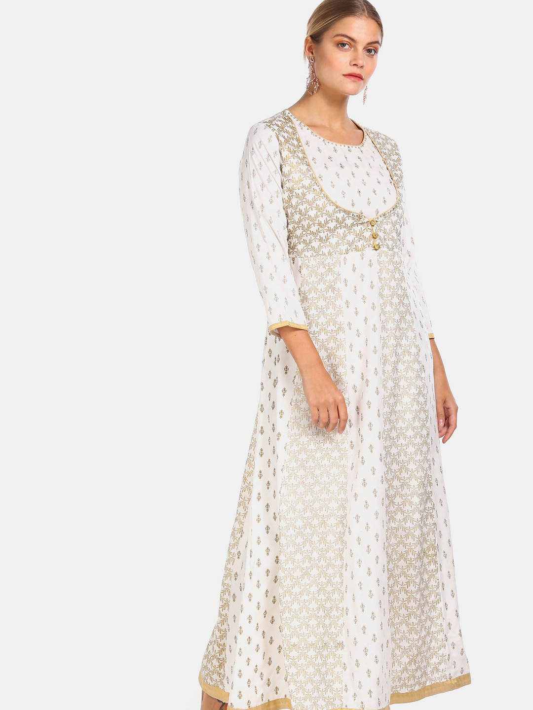 

Anahi Women Off Whiten & Gold Ethnic Motifs Printed A-Line Kurta, Off white
