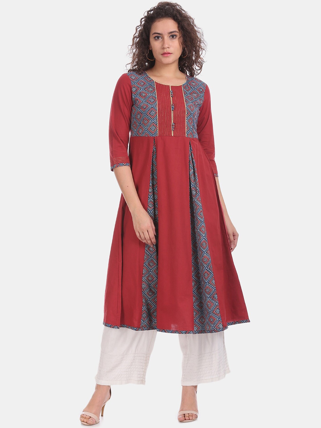 

Anahi Women Rust & Blue Geometric Printed A-Line Kurta