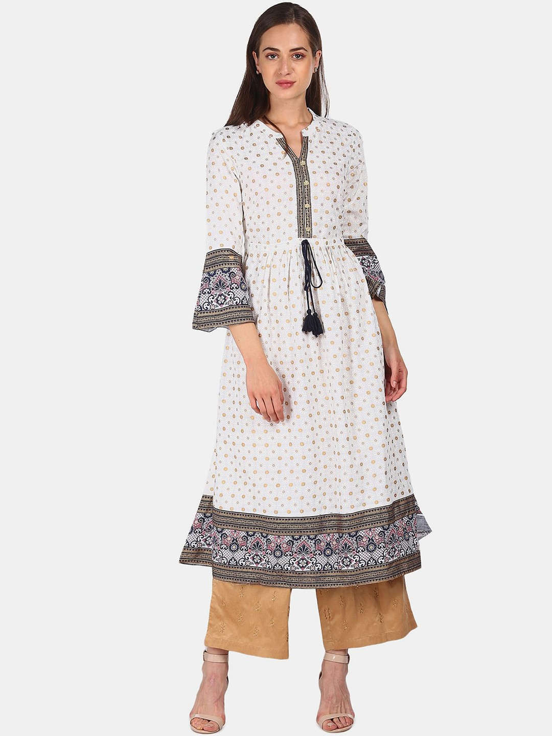

Anahi Women White & Gold-Toned Floral Printed A-Line Kurta