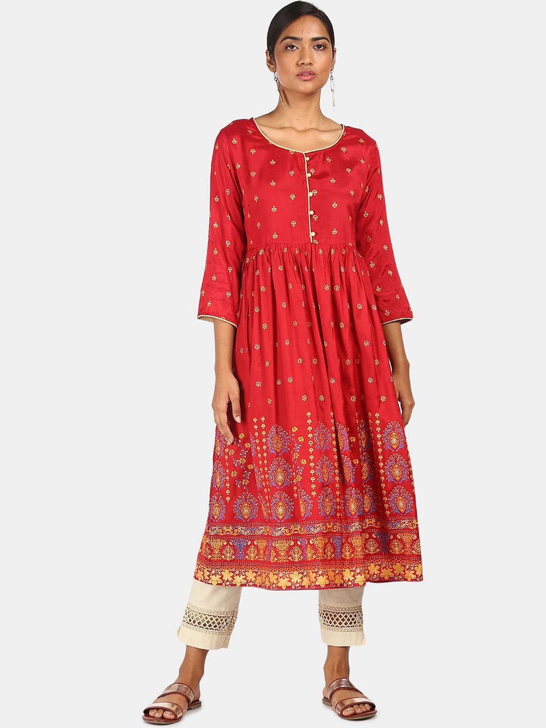 

Anahi Women Maroon & Gold-Toned Ethnic Motifs Printed Anarkali Kurta