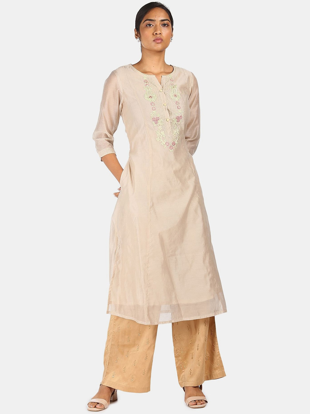 

Anahi Women Beige Ethnic Motifs Embroidered A-Line Kurta