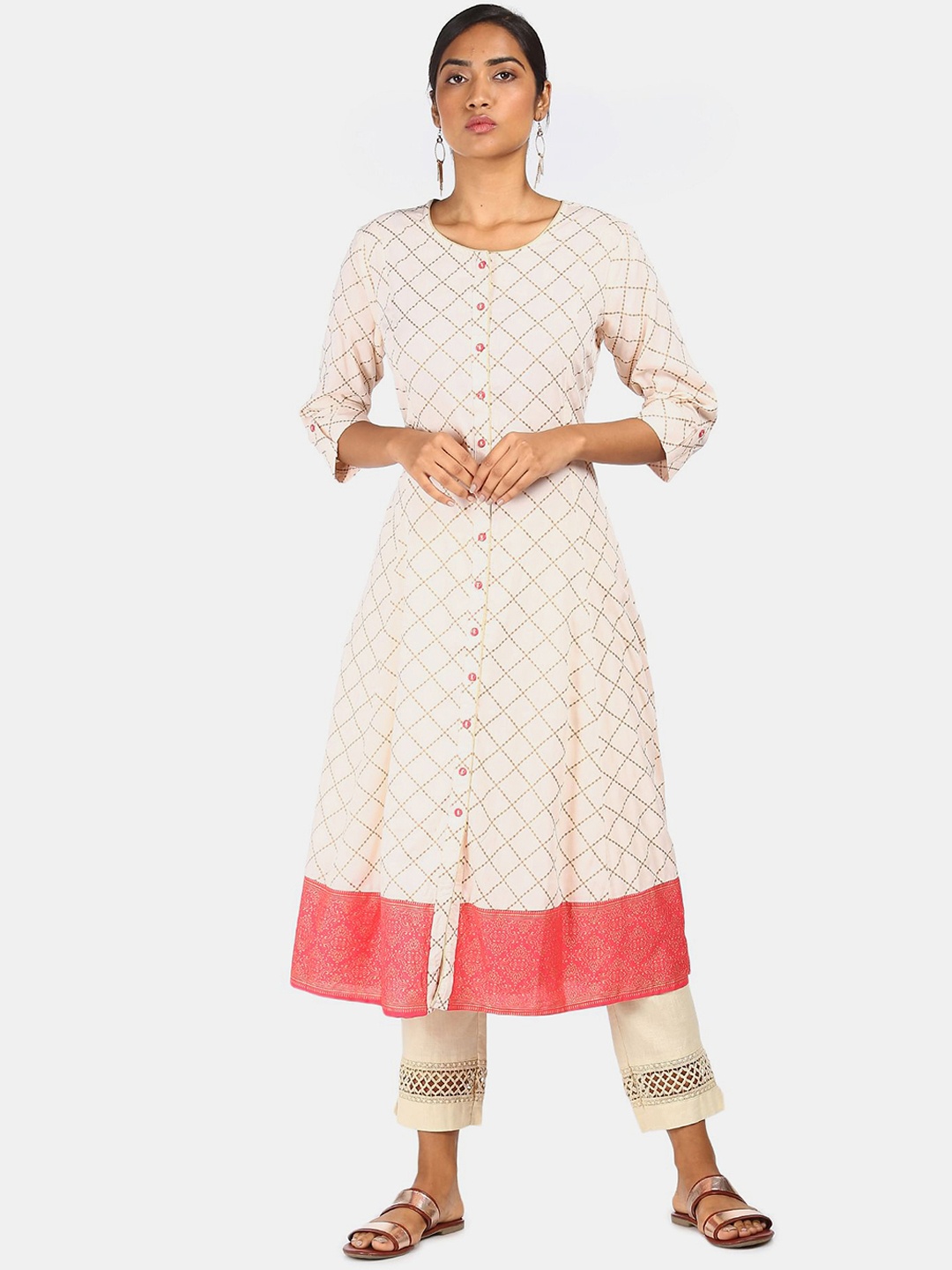 

Anahi Women Pink & Off White Geometric Printed A-Line Kurta