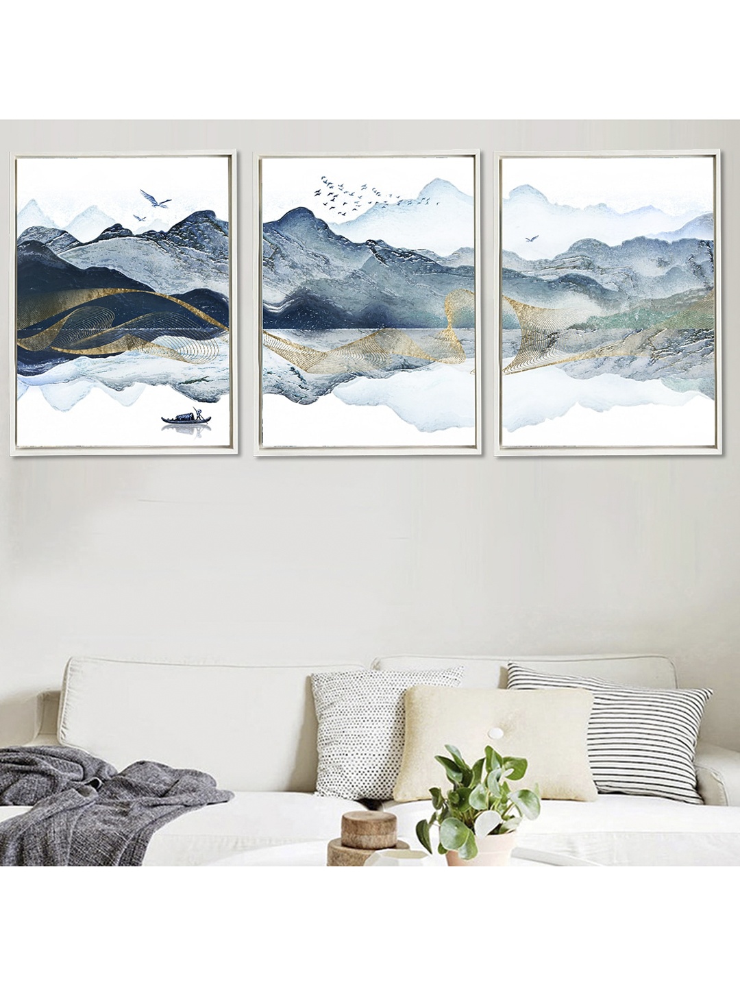 

Art Street Unisex Set Of 3 White & Blue Mountain Nature Theme Framed Canvas Painting