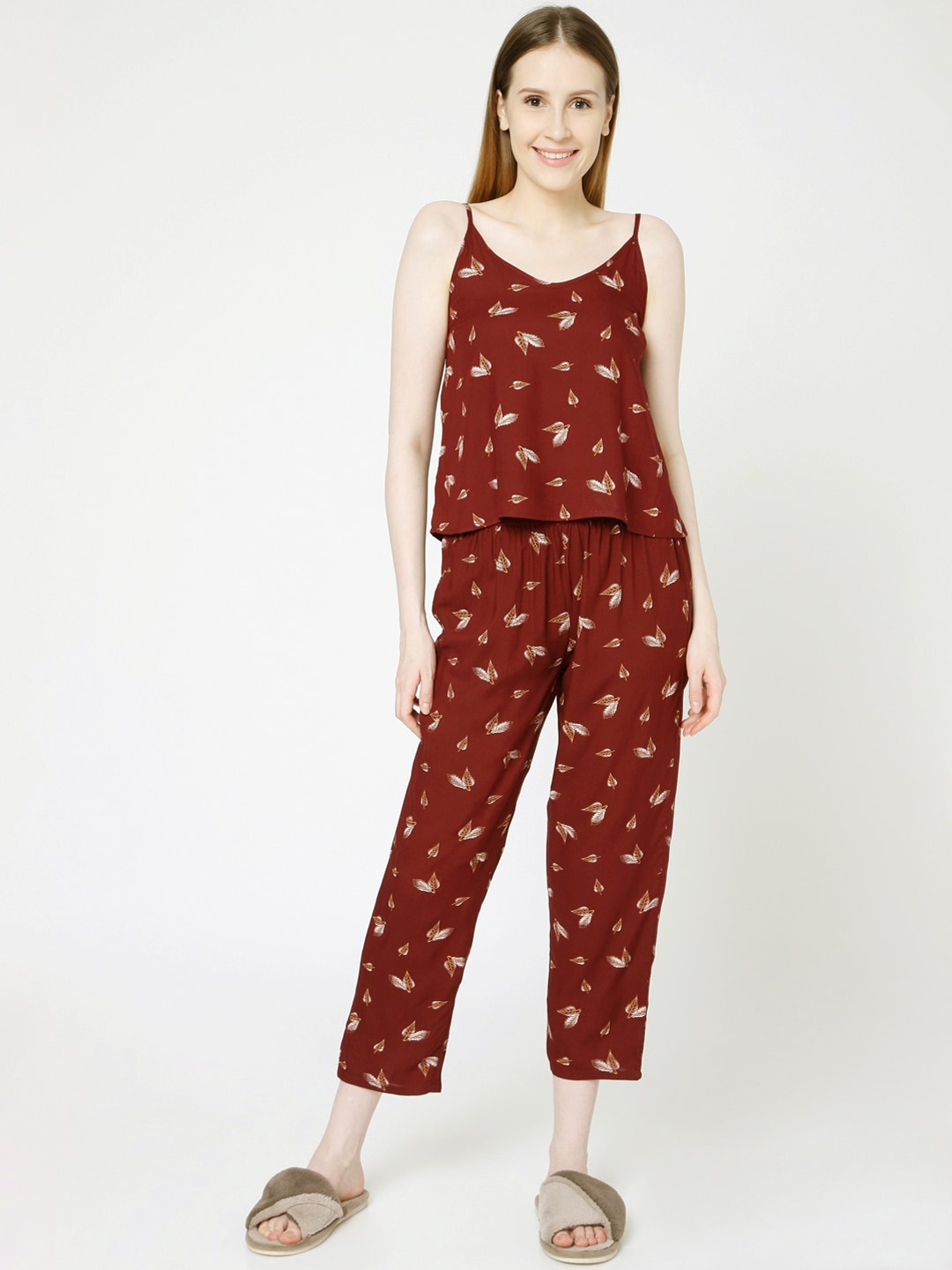 

Smarty Pants Women Maroon & Grey Cotton Printed Night suit