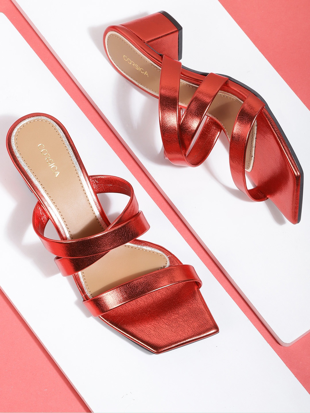 

CORSICA Red Solid Block Heels with Glossy Finish