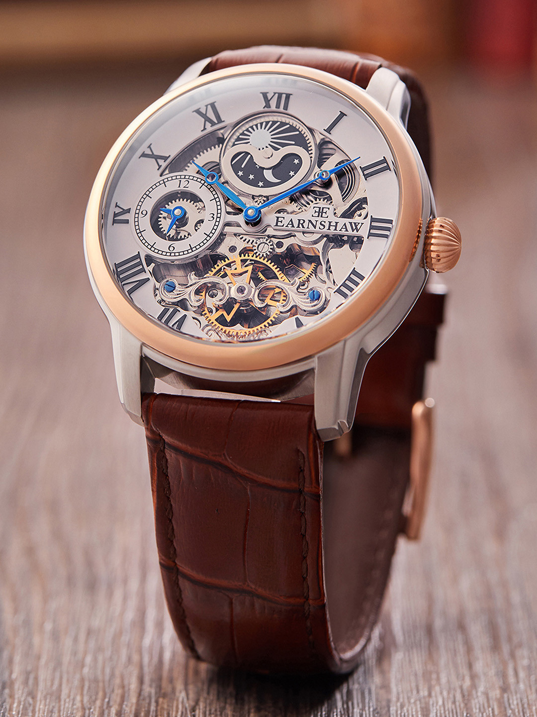 

EARNSHAW Men Silver-Toned & Brown Analogue Multi Function Automatic Motion Watch