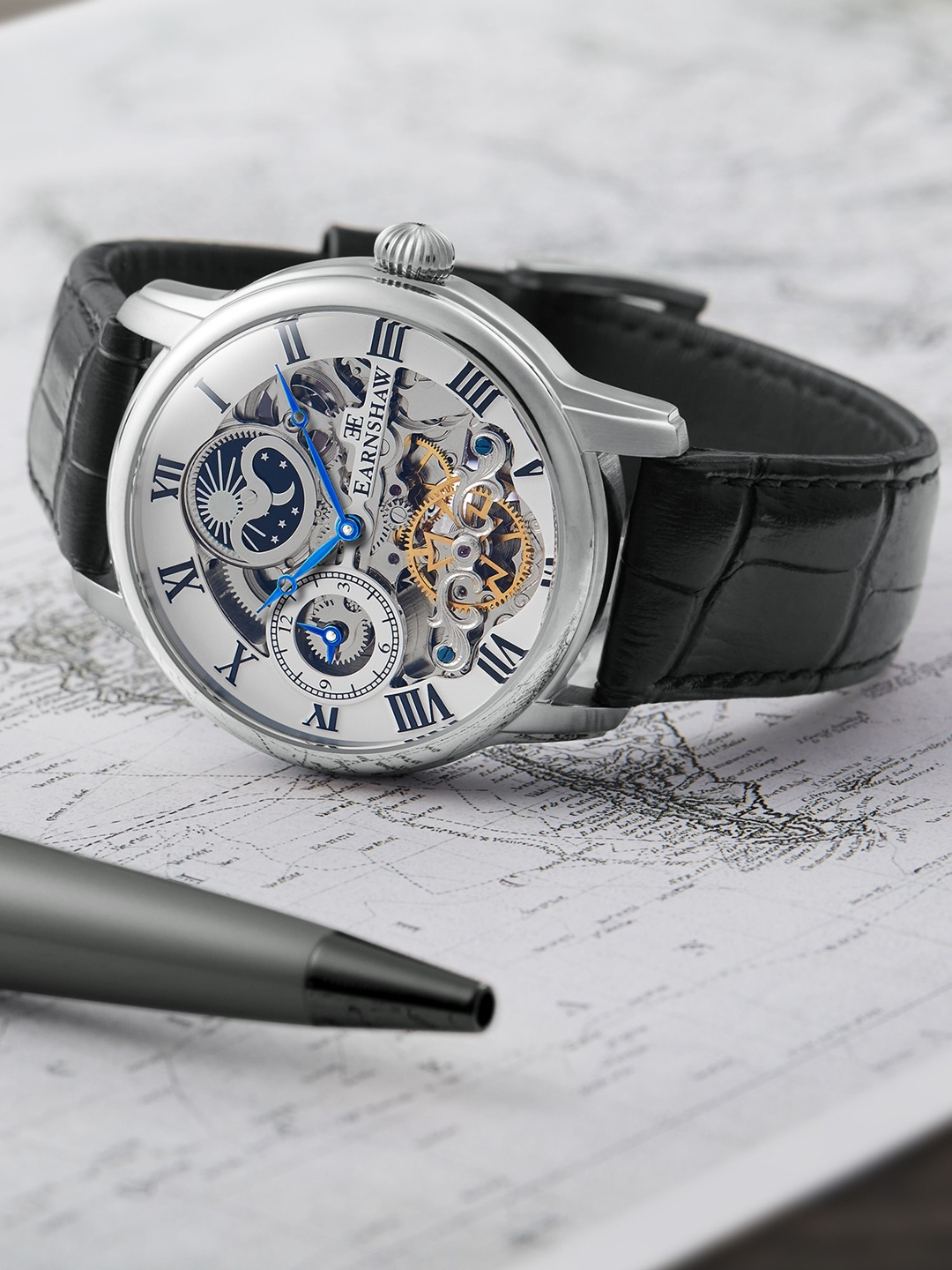 

EARNSHAW Men Silver-Toned Skeleton Dial & Black Leather Straps Analogue Watch - ES-8006-01