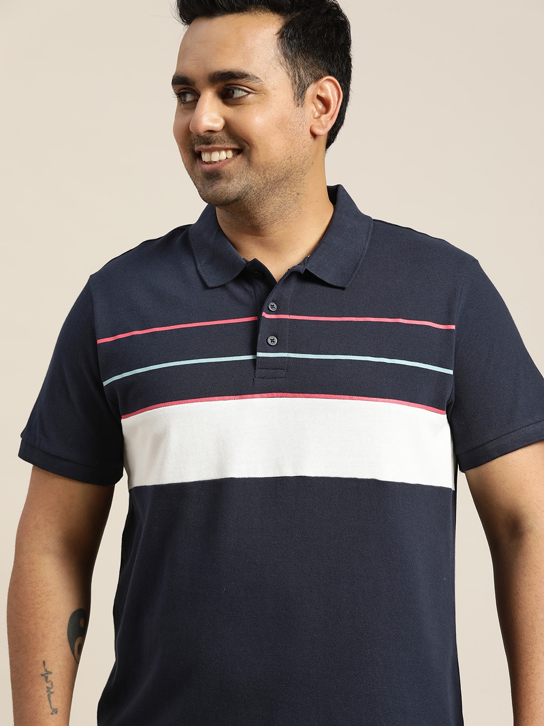 

Sztori Men Plus Size Navy Blue & White Striped Polo Collar Pure Cotton T-shirt