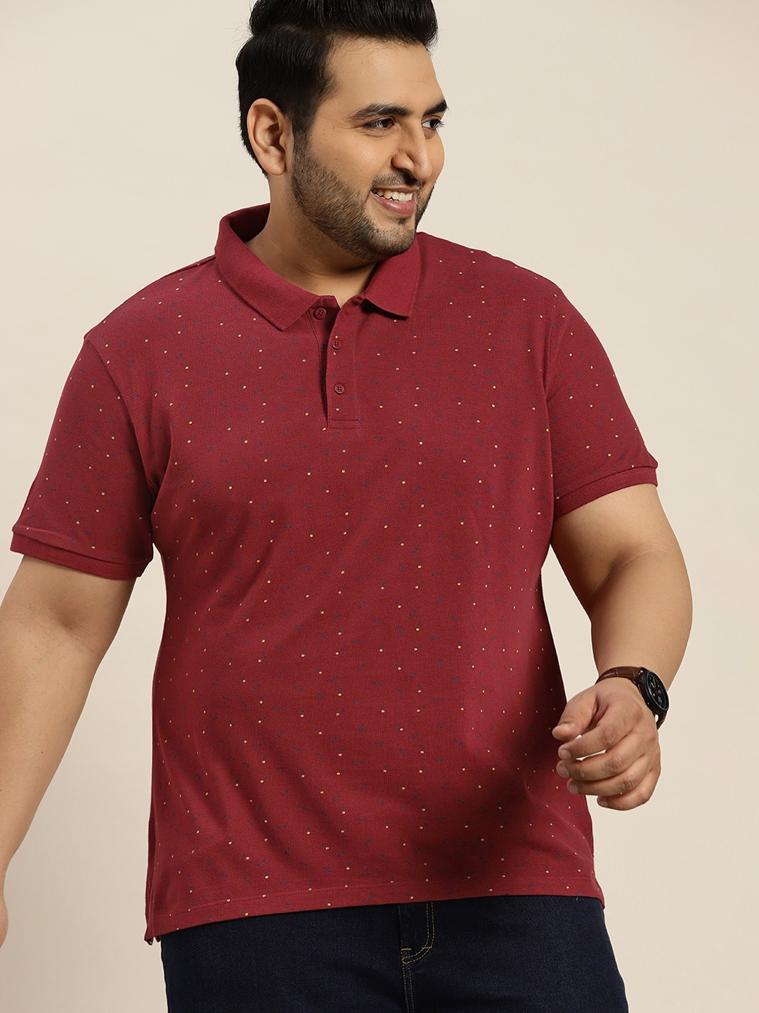 

Sztori Men Plus Size Maroon Geometric Printed Polo Collar Pure Cotton T-shirt
