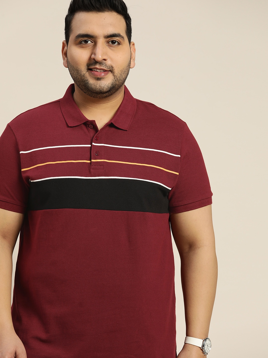 

Sztori Men Plus Size Maroon & Black Striped Polo Collar Pure Cotton T-shirt