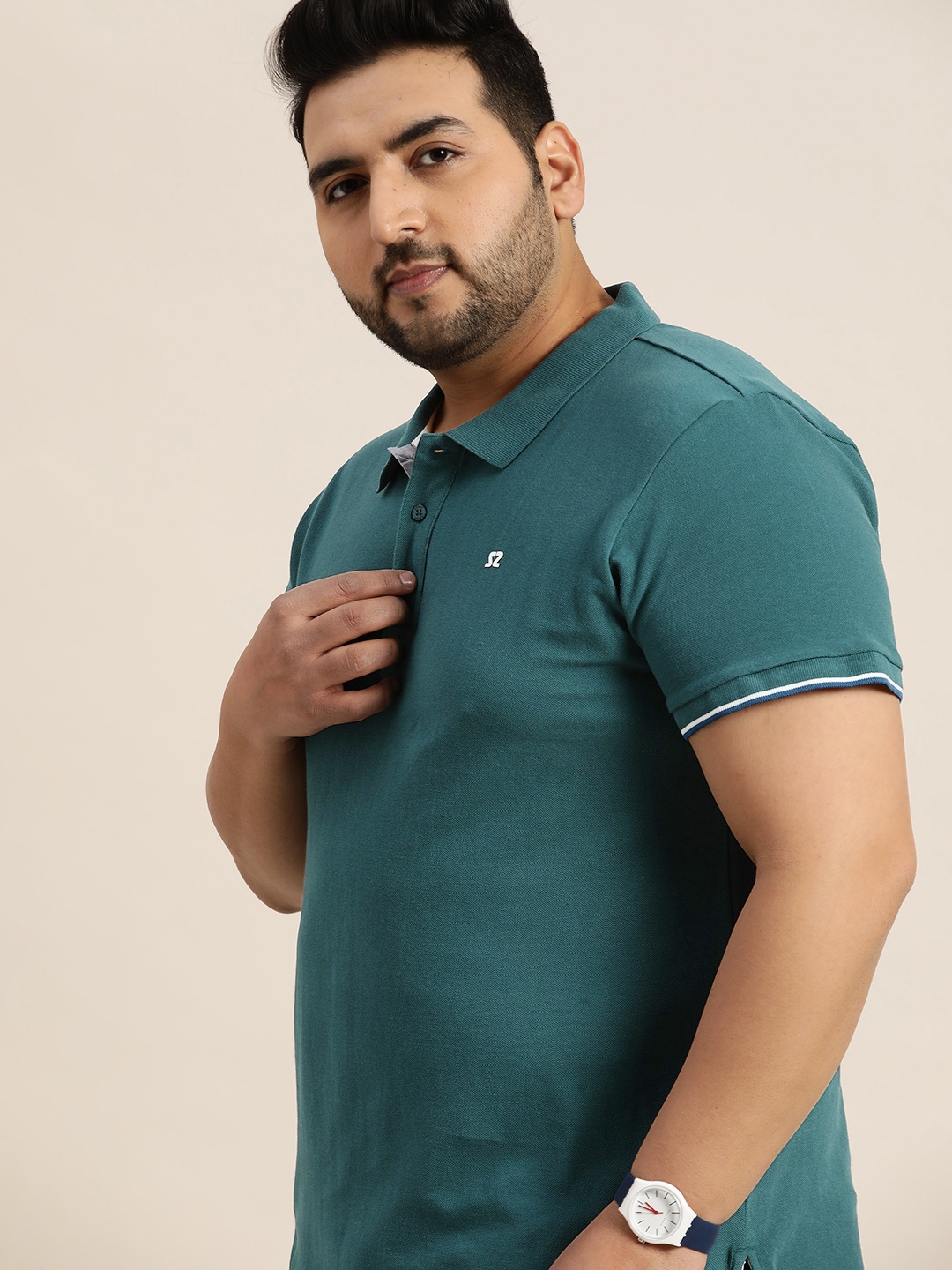 

Sztori Men Plus Size Teal Green Pure Cotton Solid Polo Collar T-shirt