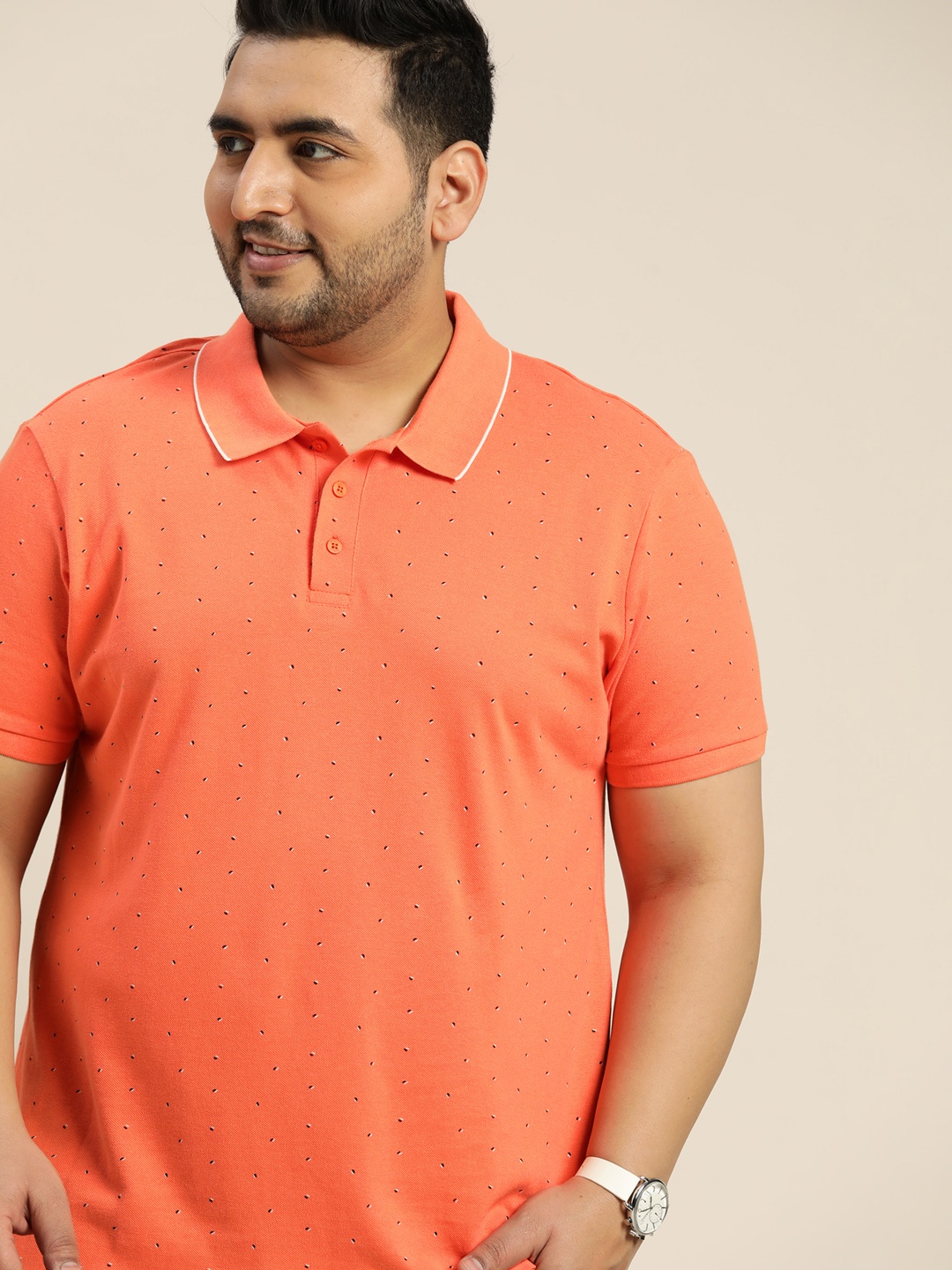 

Sztori Men Plus Size Orange Pure Cotton Printed Polo Collar T-shirt