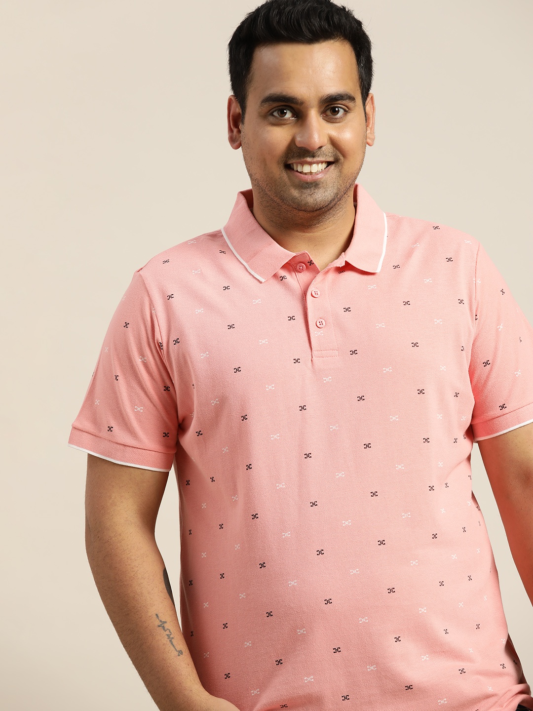 

Sztori Men Plus Size Pink Printed Polo Collar Pure Cotton T-shirt