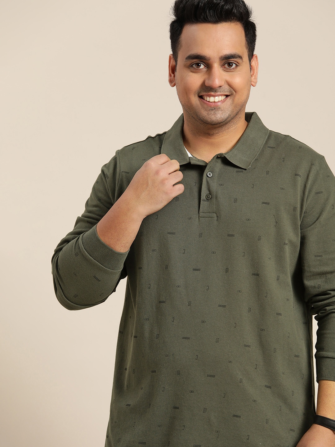 

Sztori Men Plus Size Olive Green & Black Printed Polo Collar Pure Cotton T-shirt