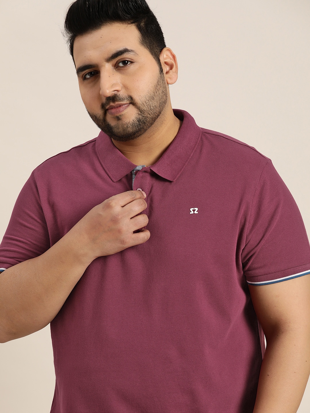 

Sztori Men Plus Size Burgundy Pure Cotton Solid Polo Collar T-shirt