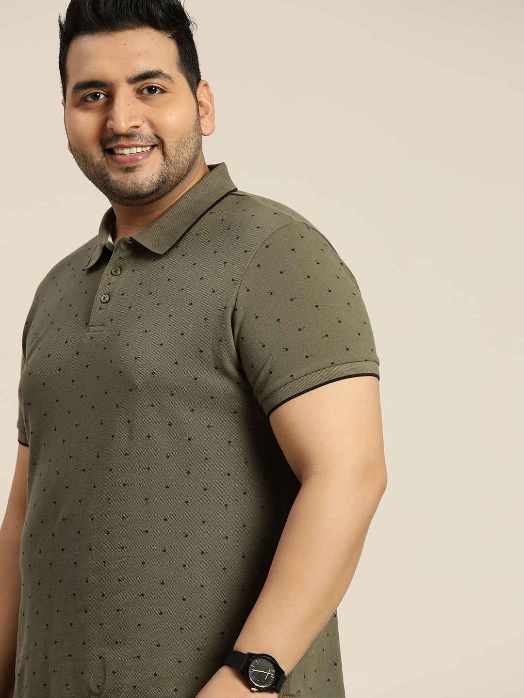 

Sztori Men Plus Size Olive Green Printed Polo Collar Pure Cotton T-shirt