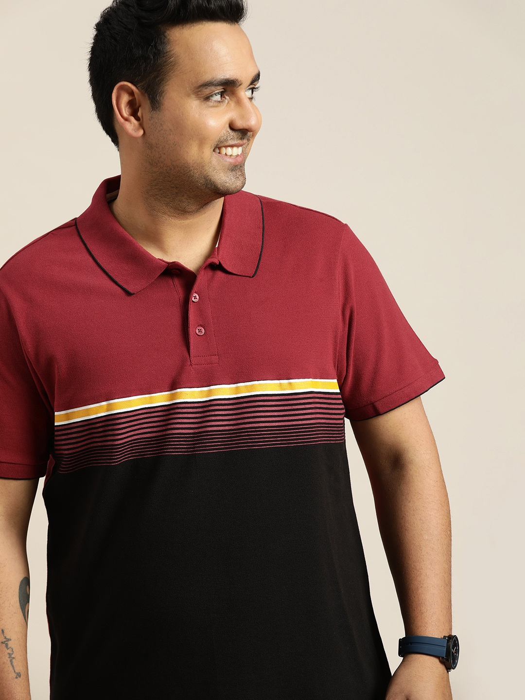 

Sztori Men Plus Size Black & Maroon Colourblocked Polo Collar Pure Cotton T-shirt