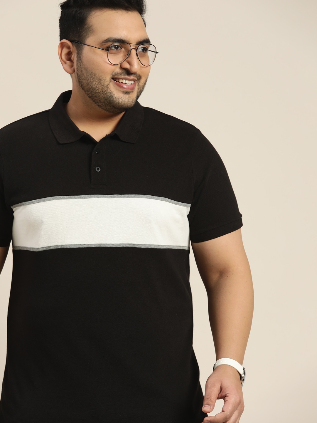 

Sztori Men Plus Size Black & White Striped Polo Collar Pure Cotton T-shirt