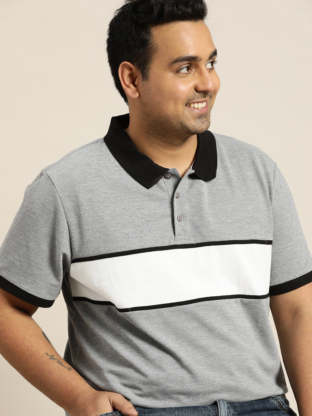 

Sztori Men Plus Size Grey Melange & White Striped Polo Collar Pure Cotton T-shirt