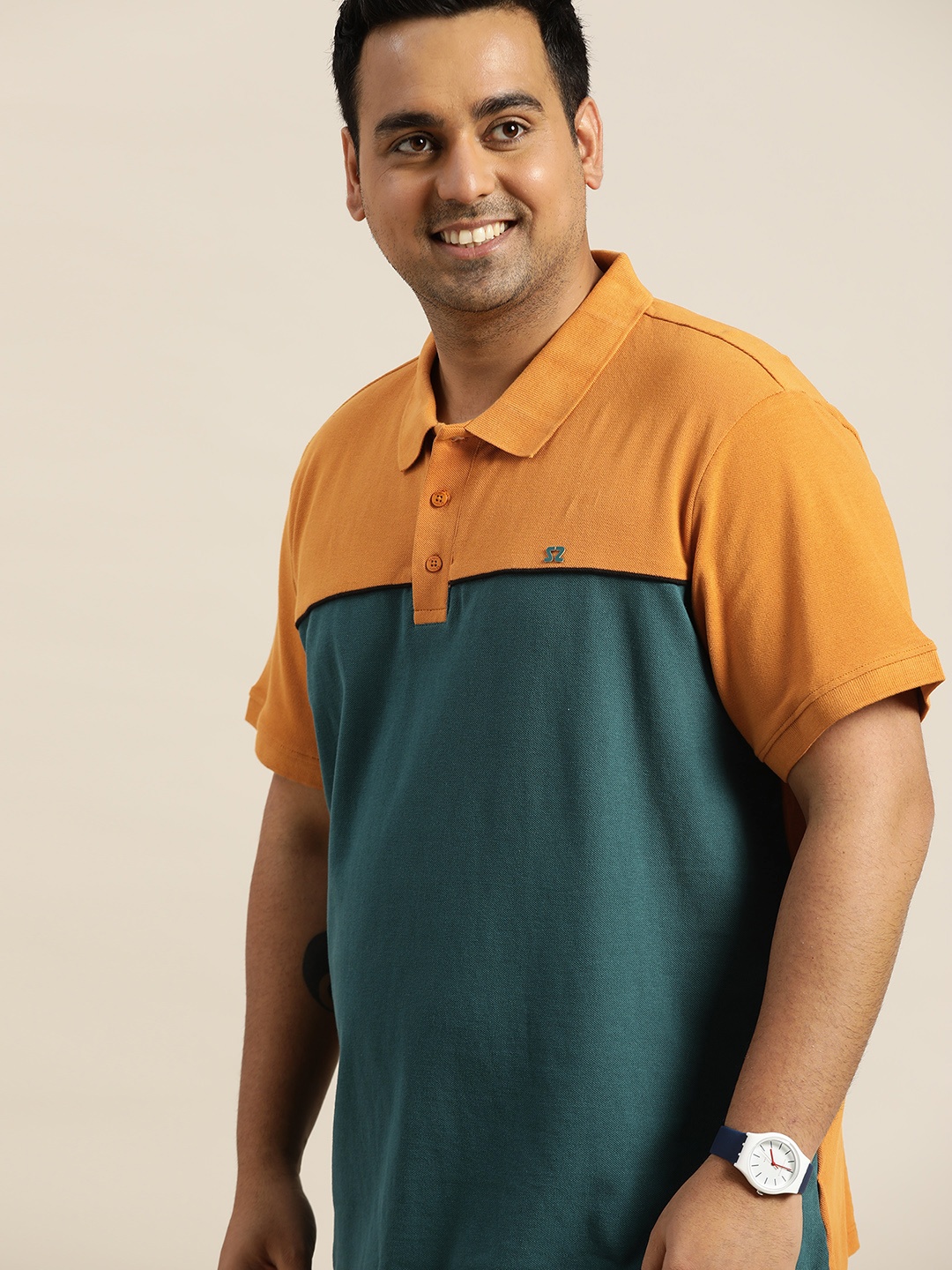 

Sztori Men Plus Size Teal & Mustard Yellow Colourblocked Polo Collar Cotton T-shirt