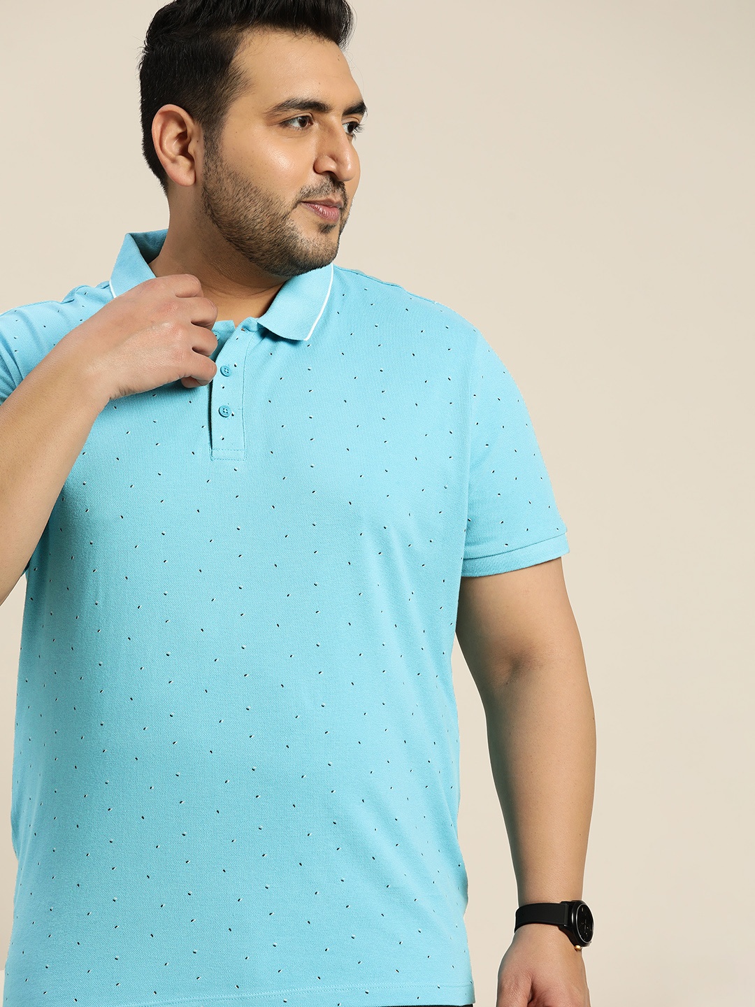 

Sztori Men Plus Size Blue Pure Cotton Printed Polo Collar T-shirt