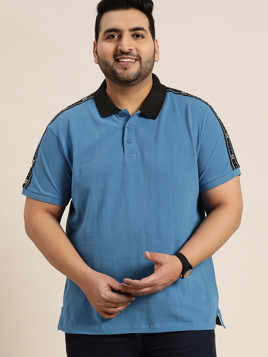 

Sztori Men Plus Size Blue Solid Pure Cotton Polo Collar T-shirt