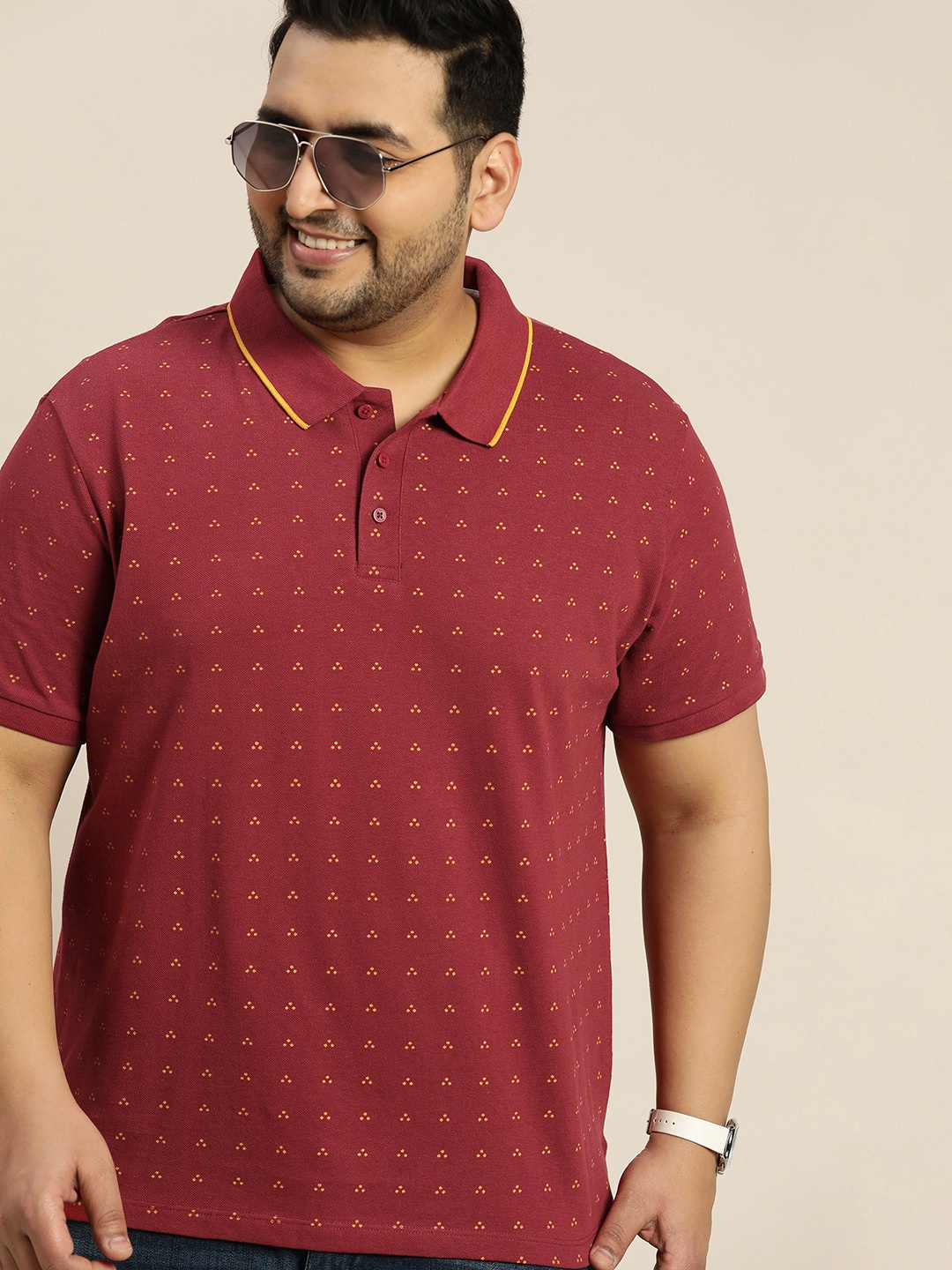 

Sztori Men Plus Size Red & Yellow Pure Cotton Printed Polo Collar T-shirt