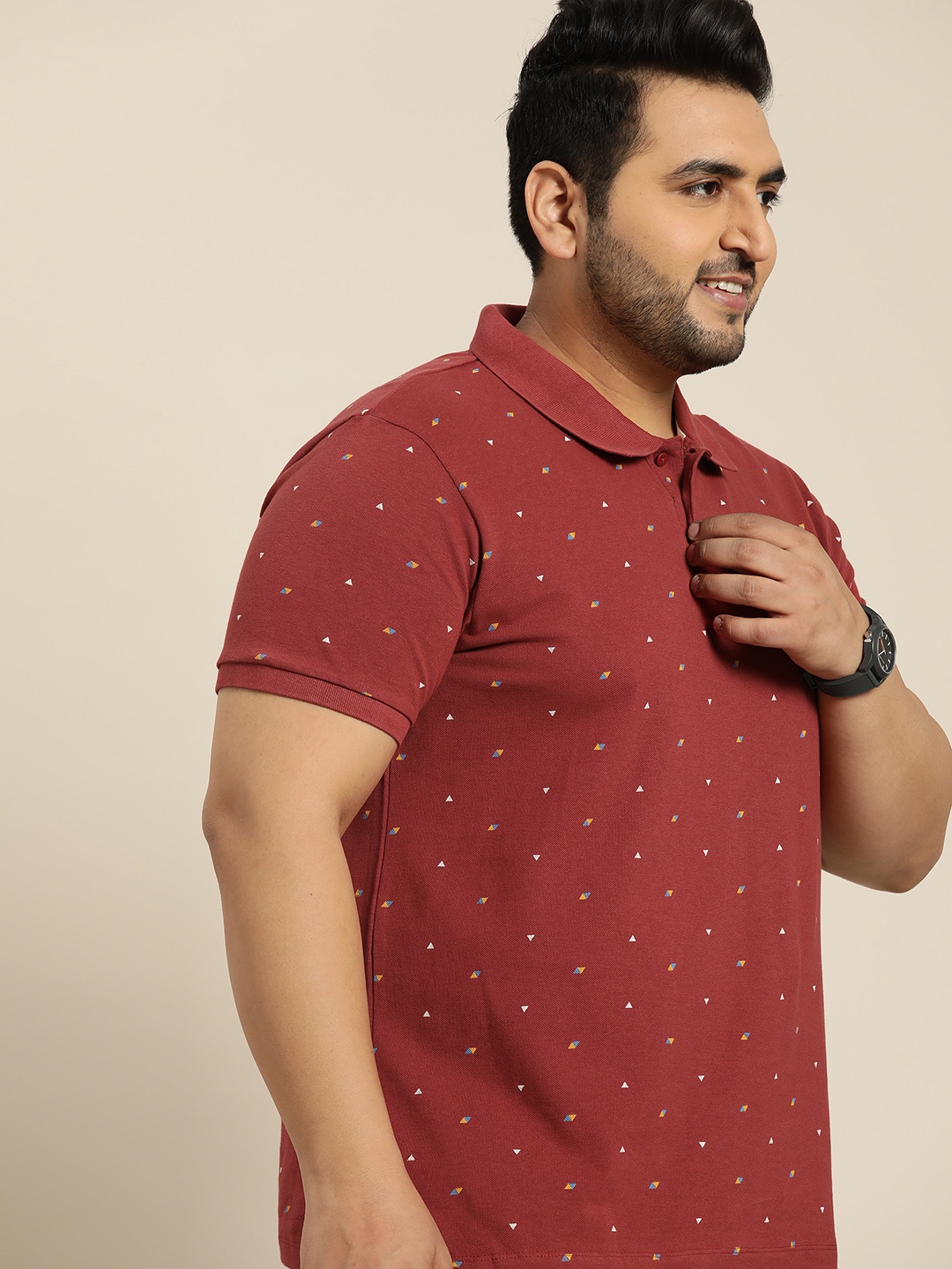 

Sztori Men Plus Size Rust Red & Yellow Printed Polo Collar Pure Cotton T-shirt