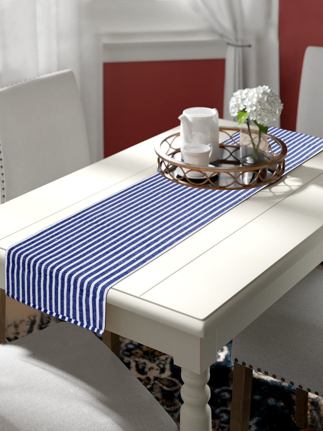 

HOKIPO Blue Cotton Striped 4 Seater Table Runner