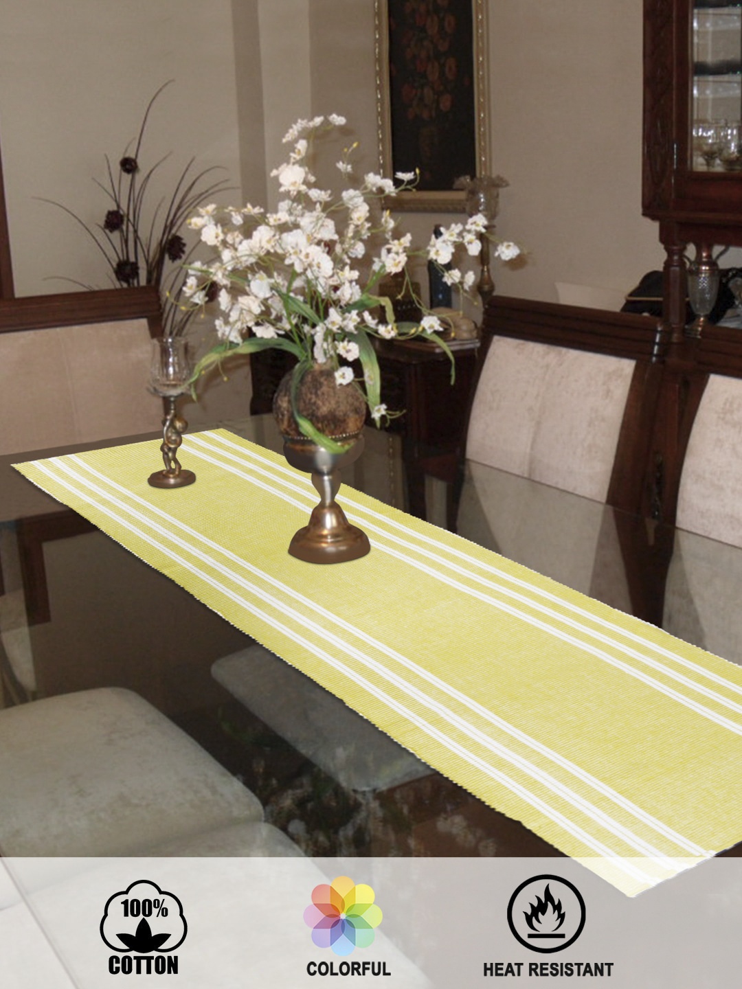 

HOKIPO Yellow Cotton Striped 4 Seater Table Runner