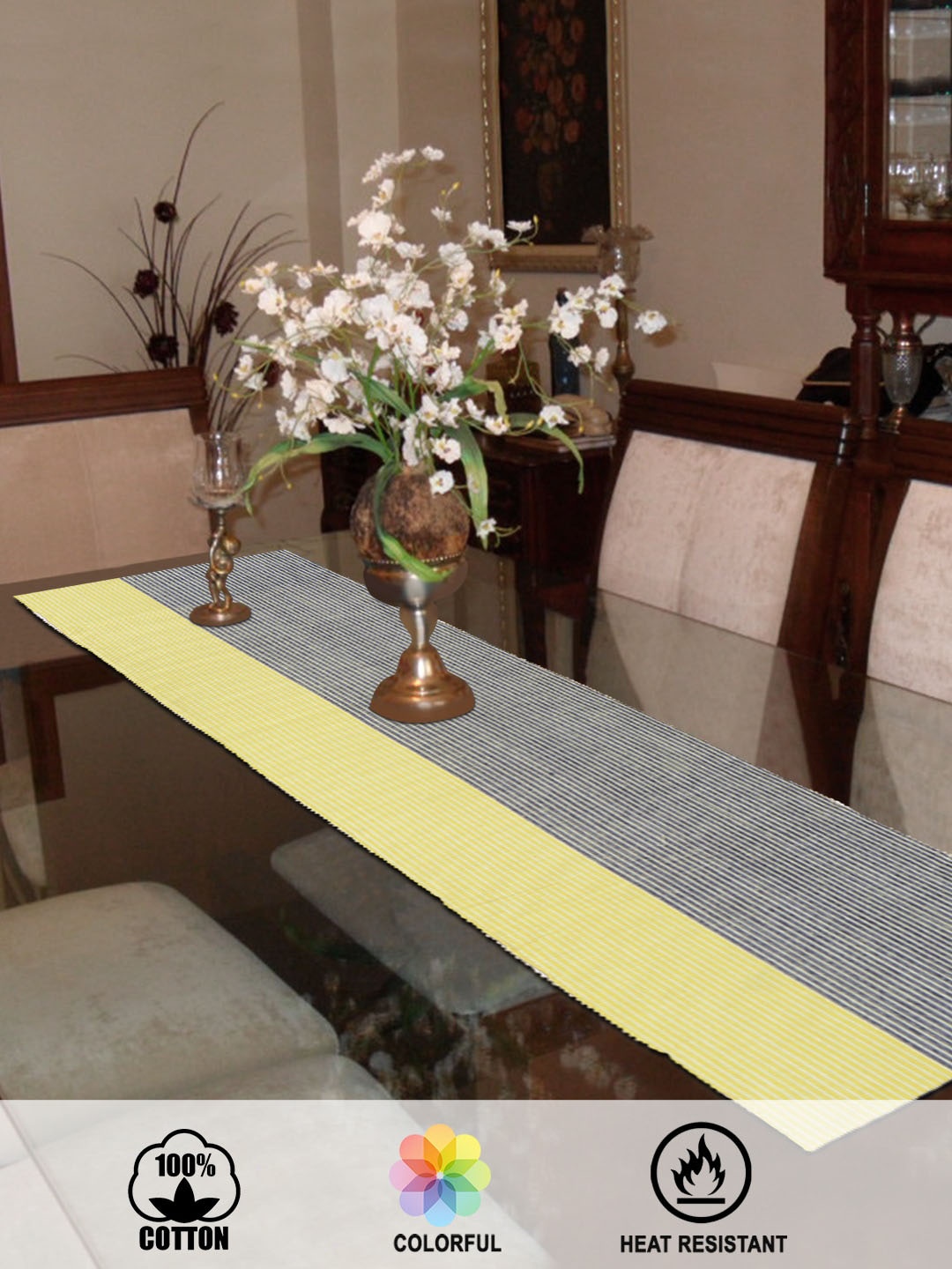 

HOKIPO Yellow Cotton Striped 4 Seater Table Runner