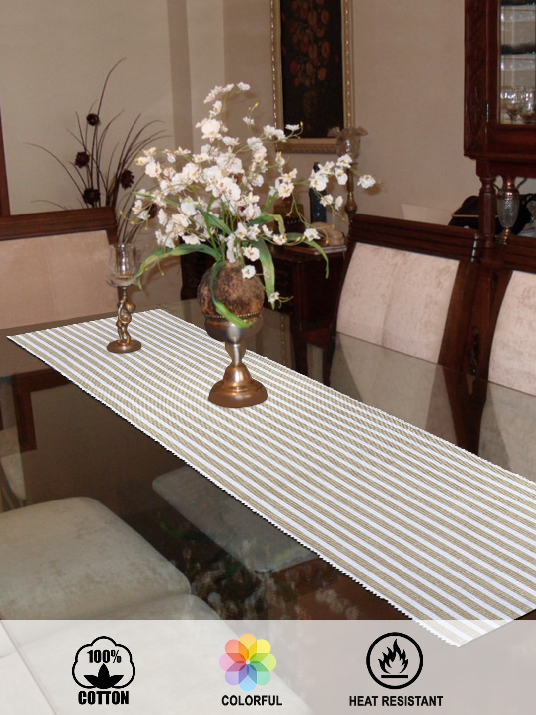 

HOKIPO Brown Cotton Striped 4 Seater Table Runner