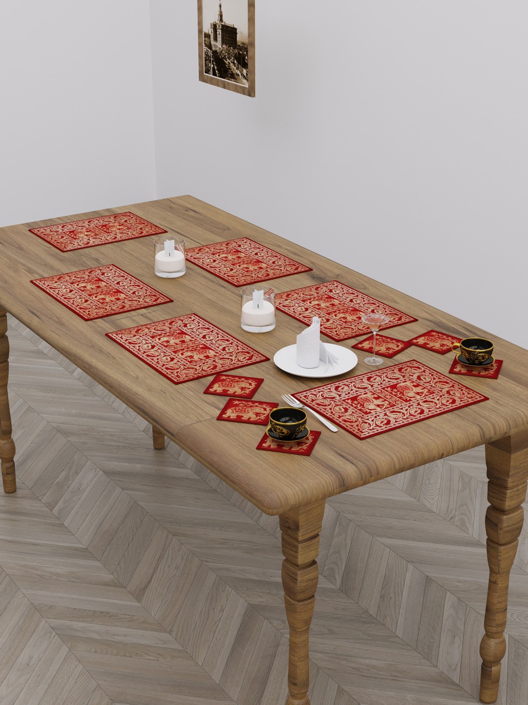 

HOKIPO Set Of 12 Red Printed Jacquard Table Placements with Coasters