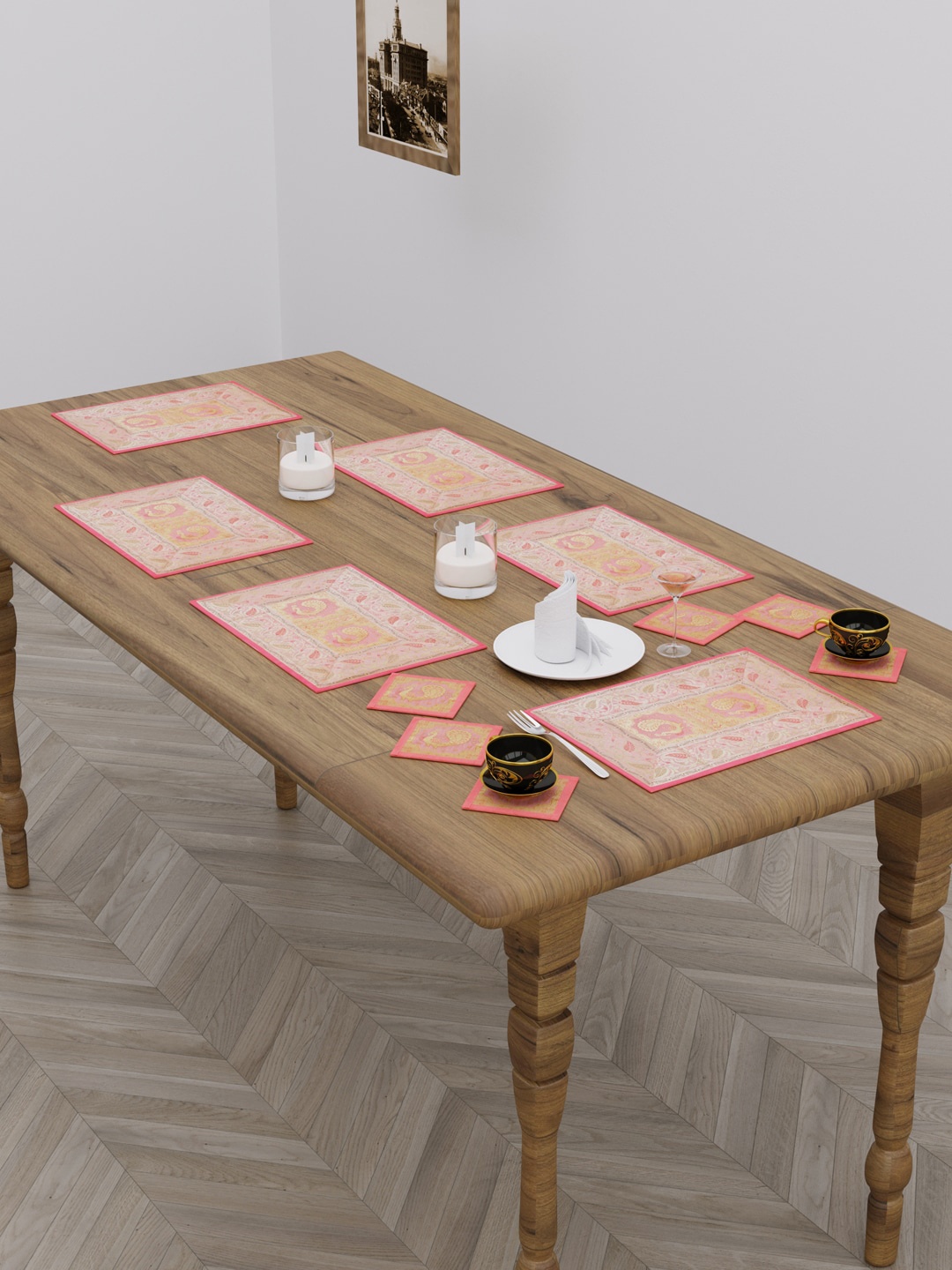 

HOKIPO Set Of 12 Pink Printed Jacquard Table Placements with Coasters
