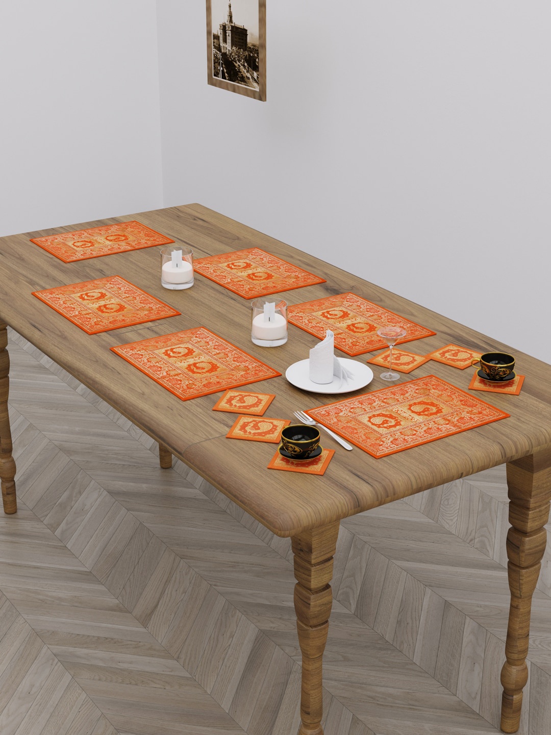 

HOKIPO Set Of 12 Orange Printed Jacquard Table Placements with Coasters