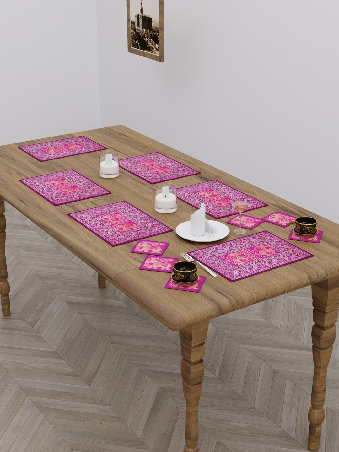 

HOKIPO Set Of 12 Pink Printed Jacquard Table Placements with Coasters