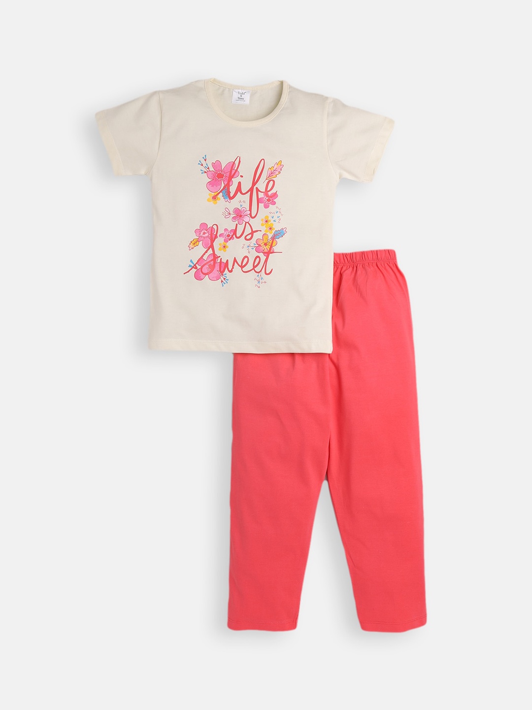 

Todd N Teen Girls Yellow & Peach-Coloured Cotton Printed Night suit