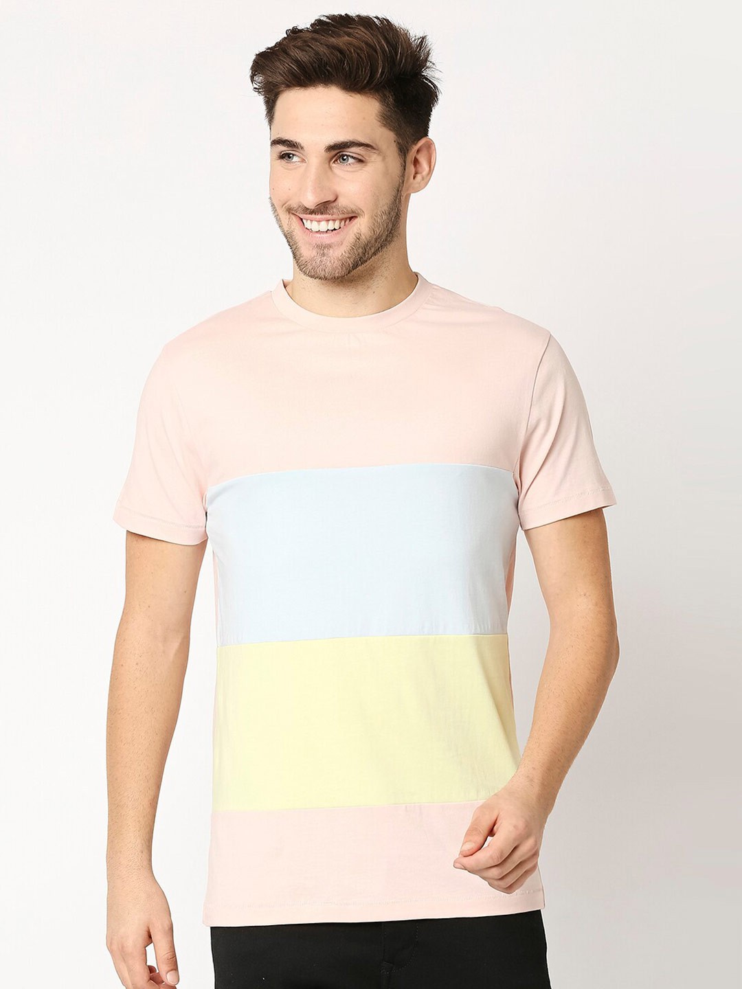 

Bewakoof Men Peach-Coloured & Yellow Colourblocked T-shirt